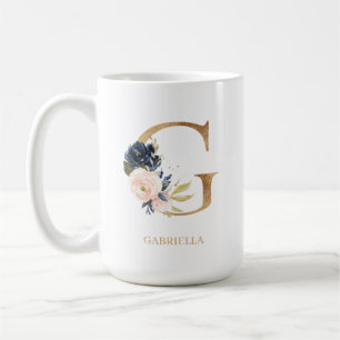 Navy Blush Floral Monogram Letter "G" Personalized Coffee Mug