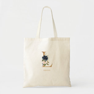 Navy Blush Floral Monogram Letter "L" Personalized Tote Bag