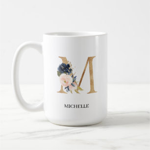 Navy Blush Floral Monogram Letter "M" Personalized Coffee Mug
