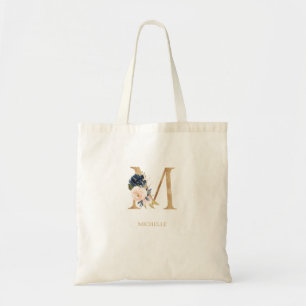 Navy Blush Floral Monogram Letter "M" Personalized Tote Bag
