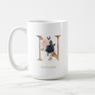 Navy Blush Floral Monogram Letter "N" Personalized Coffee Mug