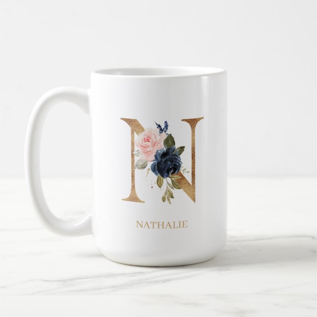 Navy Blush Floral Monogram Letter "N" Personalized Coffee Mug (Left)
