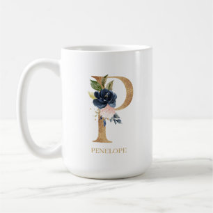 Navy Blush Floral Monogram Letter "P" Personalized Coffee Mug