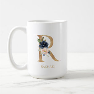 Navy Blush Floral Monogram Letter "R" Personalized Coffee Mug