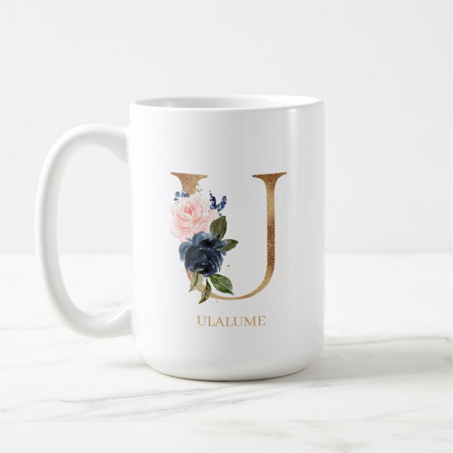 Navy Blush Floral Monogram Letter "U" Personalized Coffee Mug (Left)