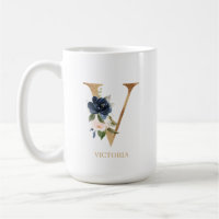 Navy Blush Floral Monogram Letter "V" Personalized
