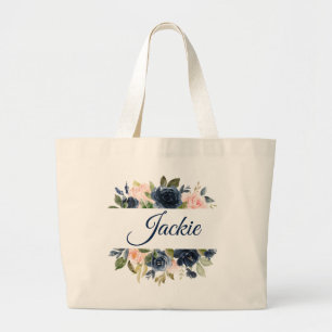 Navy & Blush Floral Personalized Large Tote Bag