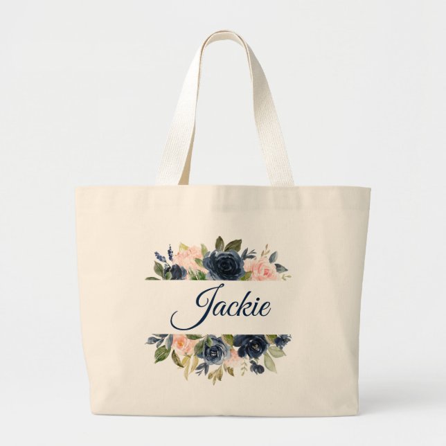 Navy & Blush Floral Personalized Large Tote Bag (Front)