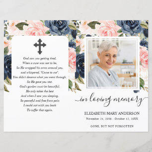 Navy Blush Floral Photo Funeral Program