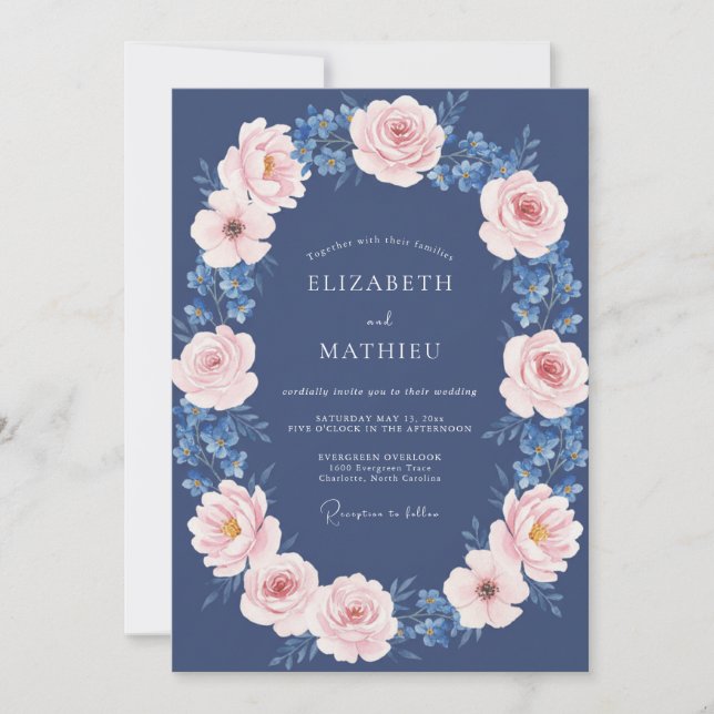 Navy Blush Floral Romantic Wedding Invitation (Front)