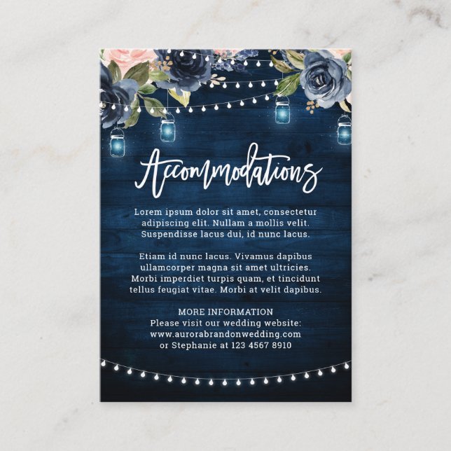 Navy Blush Floral Rustic String Light Accomodation Enclosure Card (Front)