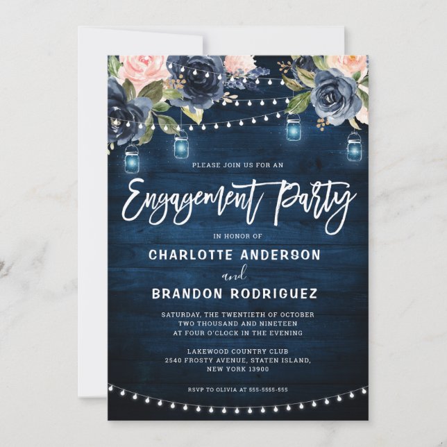 Navy Blush Floral Rustic String Light Engagement Invitation (Front)