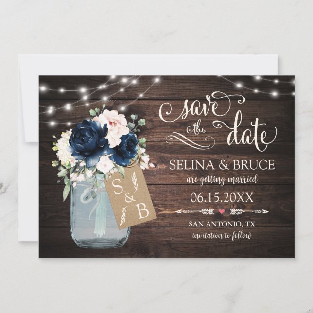 Navy Blush Floral Rustic Wood Save the Date Card (Front)