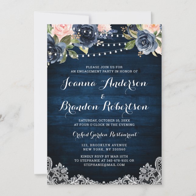 Navy Blush Floral String Light Engagement Party Invitation (Front)