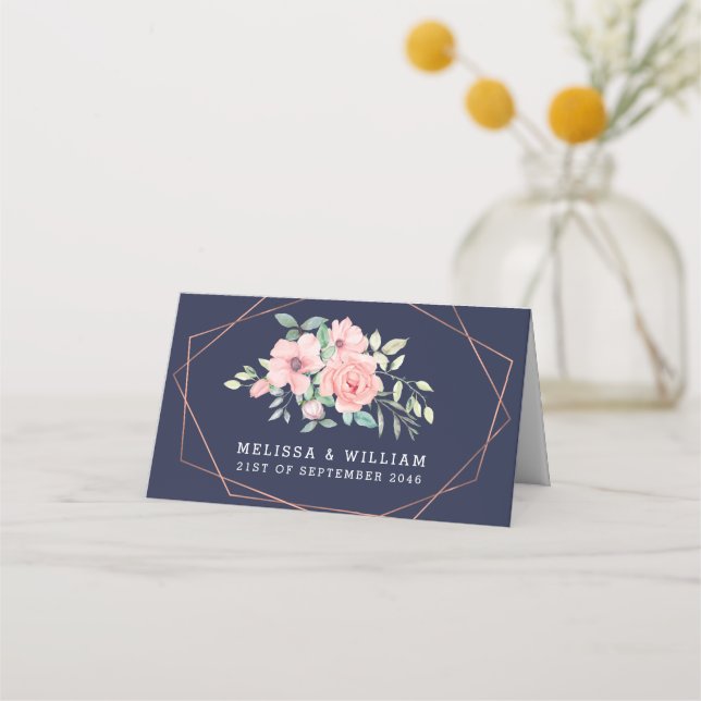 Navy Blush Floral Watercolor Geometric Wedding Place Card (Back)