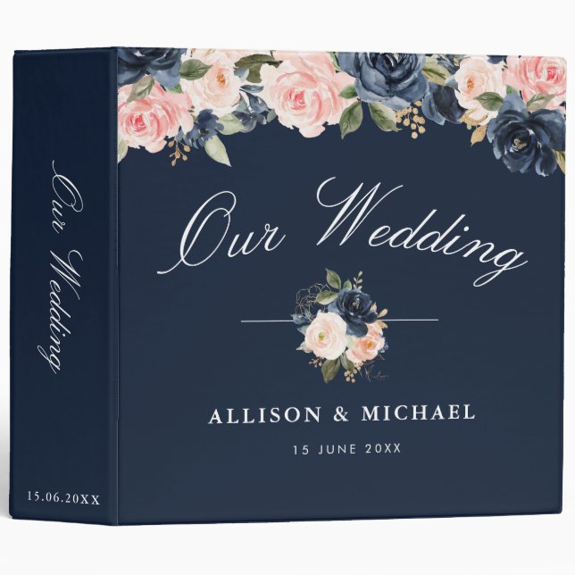 Navy & blush floral wedding album binder (Front/Spine)