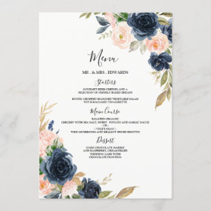 Navy & Blush Floral Wedding Engagement Quinceanera Menu