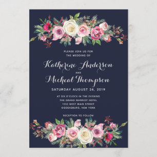Navy Blush Floral Wedding Invitation