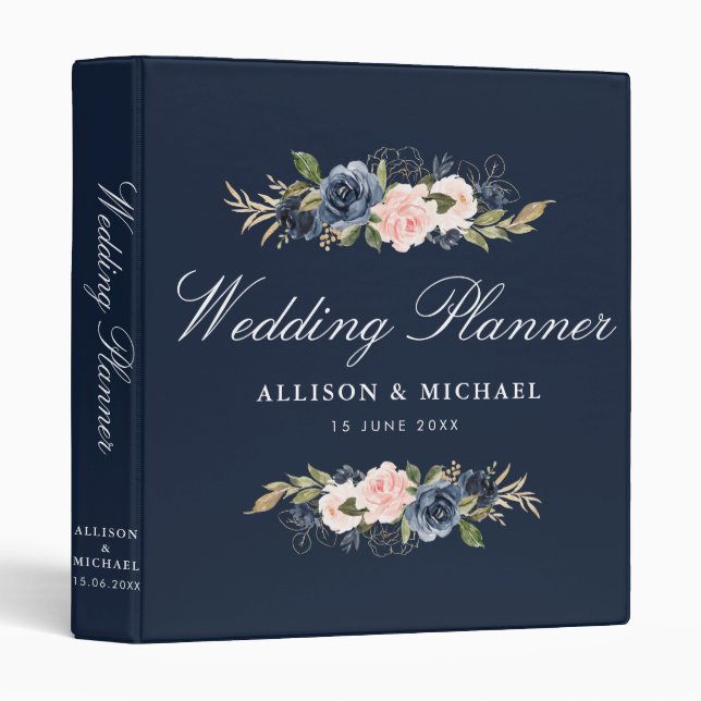 Navy & blush floral wedding planner binder (Front/Spine)