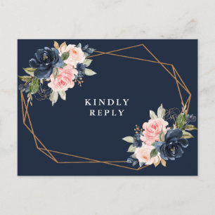 Navy & blush floral wedding RSVP Postcard