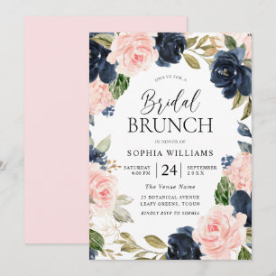 Navy Blush Floral Wreath Bridal Shower Brunch Invitation