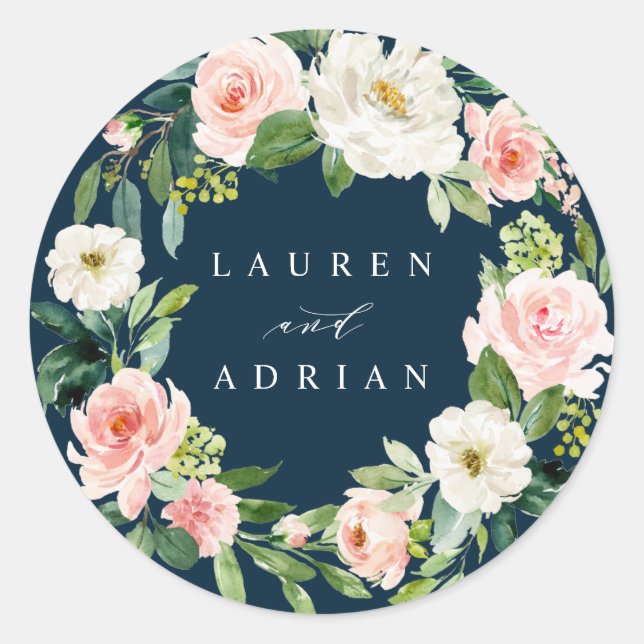 Navy Blush Floral Wreath Wedding Classic Round Sticker (Front)