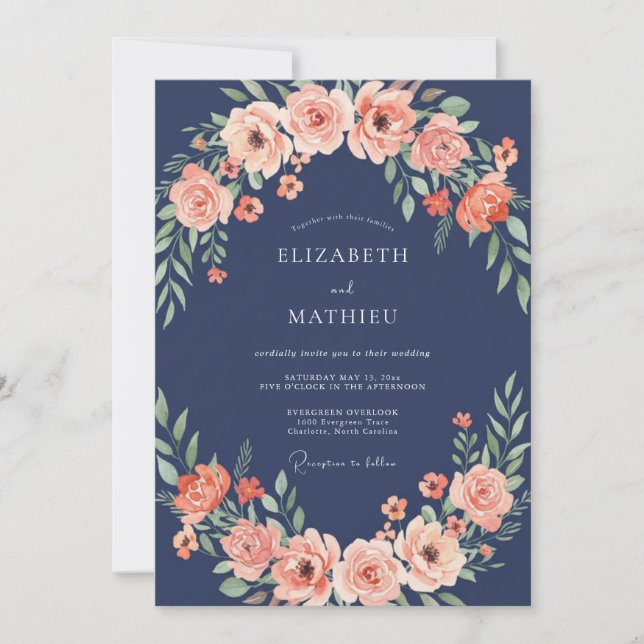 Navy Blush Floral Wreath Wedding Invitation (Front)