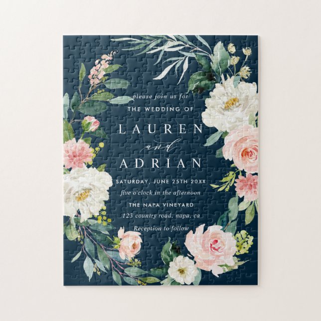 Navy Blush Floral Wreath Wedding Invitation Jigsaw Puzzle (Vertical)