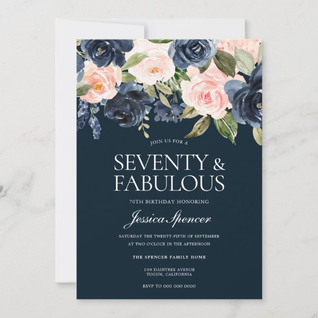 Navy & Blush Flowers 70th Birthday Party Invitation (Front)