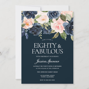 Navy & Blush Flowers 80th Birthday Party Invitation