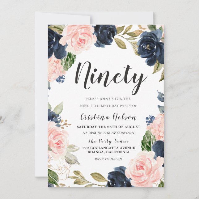 Navy Blush Flowers 90th Birthday Party Invitation (Front)
