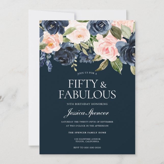 Navy & Blush Flowers Fabulous 50th Birthday Party Invitation (Front)