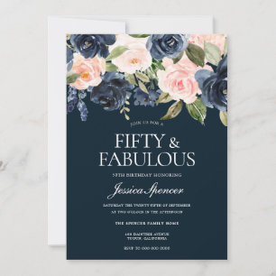 Navy & Blush Flowers Fabulous 50th Birthday Party Invitation