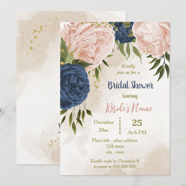 navy blush flowers green leaves bridal shower invitation (Front/Back)