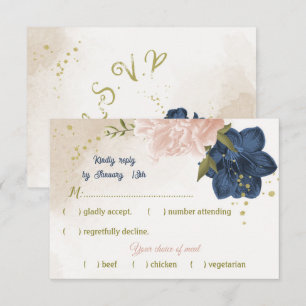 navy blush flowers green leaves RSVP card
