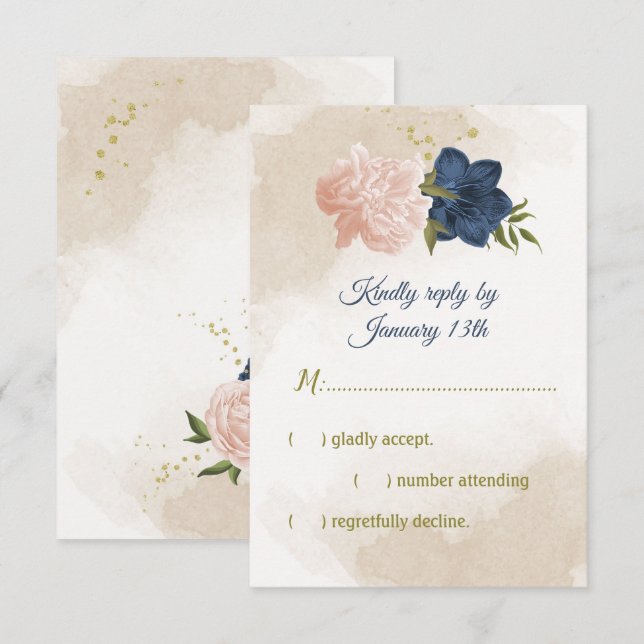 navy blush flowers green leaves RSVP card (Front/Back)