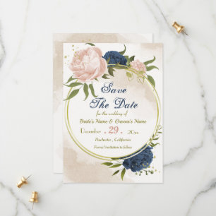 navy blush flowers green leaves save the date