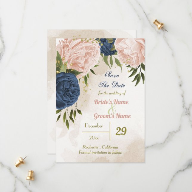 navy blush flowers green leaves save the date (Front/Back In Situ)