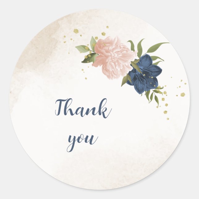 navy blush flowers green leaves wedding classic round sticker (Front)