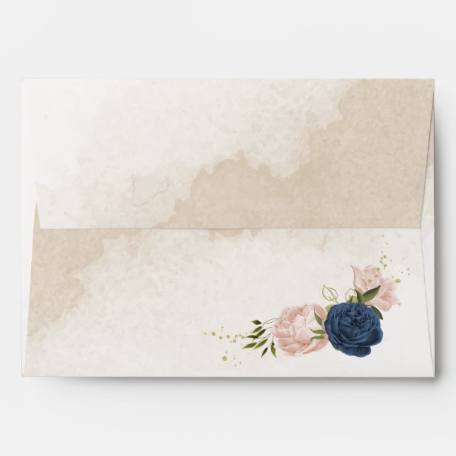 navy blush flowers green leaves wedding envelope (Back (Top Flap))