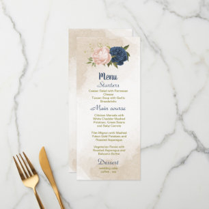 navy blush flowers green leaves wedding menu