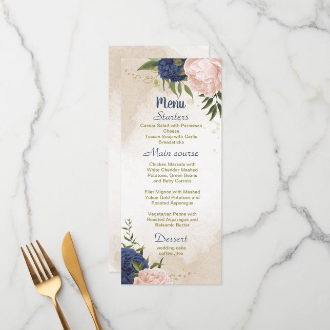 navy blush flowers green leaves wedding menu (Front/Back In Situ)