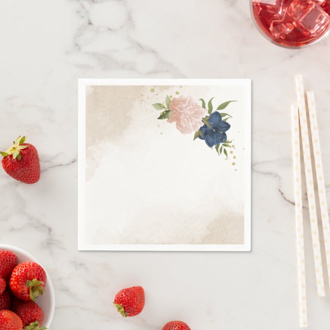 navy blush flowers green leaves wedding napkin (Insitu)