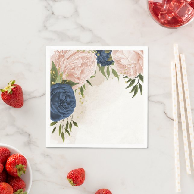 navy blush flowers green leaves wedding napkin (Insitu)