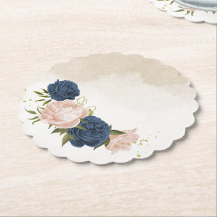 navy blush flowers green leaves wedding paper coaster
