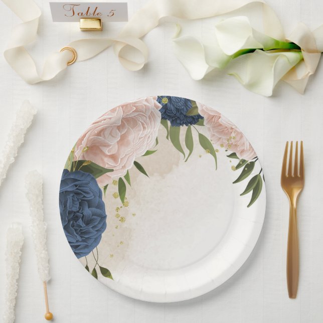 navy blush flowers green leaves wedding paper plate (Wedding)