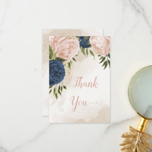 navy blush flowers green leaves wedding thank you card