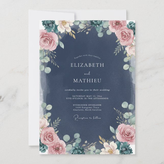 Navy Blush Foliage Eucalyptus Wedding Invitation (Front)