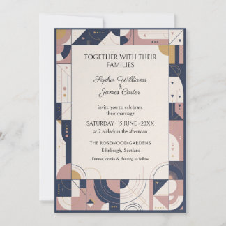 Navy Blush Geometric Art Deco Wedding Invitation