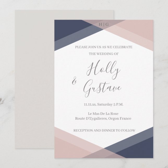 Navy Blush Geometric Monogram Modern Chic Wedding Invitation (Front/Back)